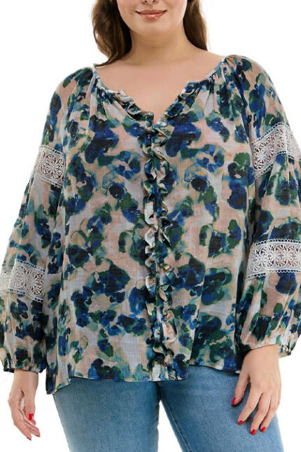 Petite Zac & Rachel Long Sleeve Split Neck Floral Blouse